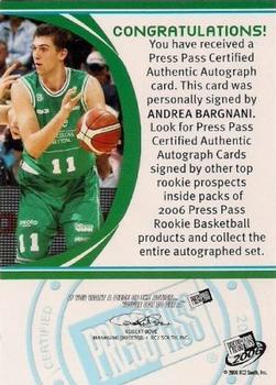 2006 Press Pass - Autographs Silver #NNO Andrea Bargnani Back