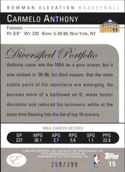 2006-07 Bowman Elevation - Blue #15 Carmelo Anthony Back