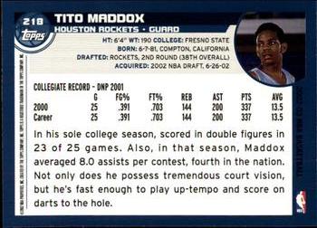 2002-03 Topps #218 Tito Maddox Back