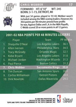 2002-03 Topps Ten #17 Chris Webber Back