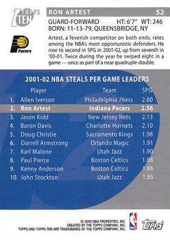 2002-03 Topps Ten #52 Ron Artest Back