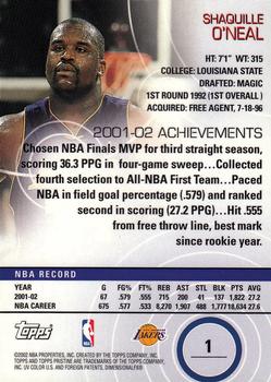 2002-03 Topps Pristine #1 Shaquille O'Neal Back