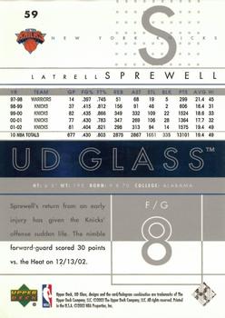 2002-03 UD Glass #59 Latrell Sprewell Back