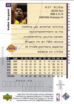 2002-03 Upper Deck Honor Roll #37 Kobe Bryant Back