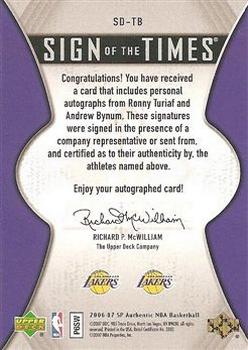 2006-07 SP Authentic - Sign of the Times Dual #SD-TB Ronny Turiaf / Andrew Bynum Back