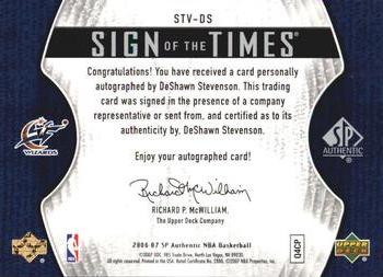 2006-07 SP Authentic - Sign of the Times Veterans #STV-DS DeShawn Stevenson Back