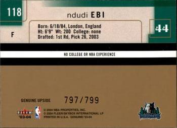2003-04 Fleer Genuine Insider #118 Ndudi Ebi Back