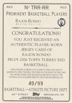 2006-07 Topps Turkey Red - Relics Red #TRR-RR Rajon Rondo Back