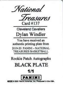2020-21 Panini National Treasures - 2019-20 National Treasures Rookie Patch Autographs Horizontal Printing Plates Black #137 Dylan Windler Back