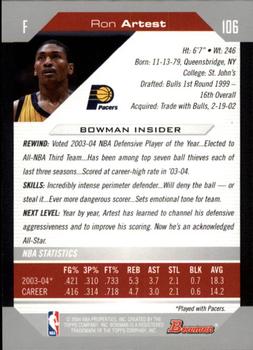 2004-05 Bowman #106 Ron Artest Back