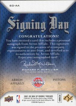 2007-08 SP Rookie Threads - Signing Day #SD-AA Arron Afflalo Back
