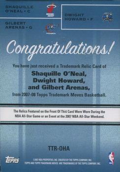 2007-08 Topps Trademark Moves - Triple Relics Red #TTR-OHA Shaquille O'Neal / Dwight Howard / Gilbert Arenas Back