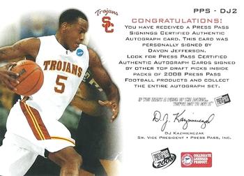 2008 Press Pass - Signings Bronze #PPS-DJ2 Davon Jefferson Back