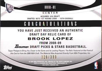 2008-09 Bowman - Draft Day Issue Relics #DDIR-BL Brook Lopez Back