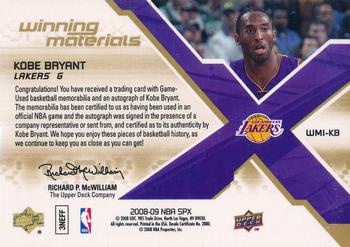 2008-09 SPx - Winning Materials Autographs Jerseys #WMI-KB Kobe Bryant Back