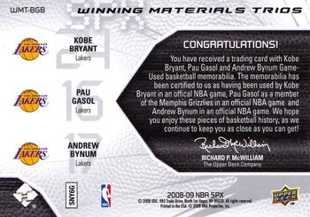 2008-09 SPx - Winning Materials Trios #WMT-BGB Kobe Bryant / Pau Gasol / Andrew Bynum Back