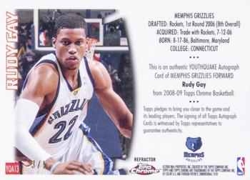2008-09 Topps Chrome - Youthquake Autographs Refractors Gold #YQA13 Rudy Gay Back