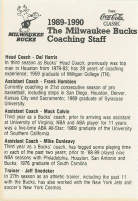 1989-90 Coca-Cola Milwaukee Bucks #NNO Coaching Staff Back
