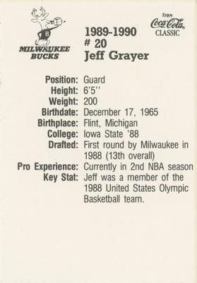 1989-90 Coca-Cola Milwaukee Bucks #NNO Jeff Grayer Back