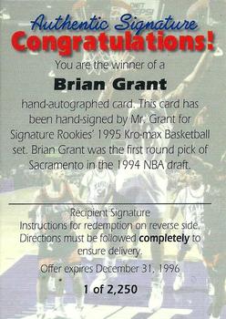 1995 Signature Rookies Kro-Max - Autograph Redemptions #NNO Brian Grant Front