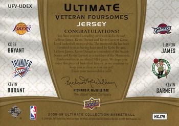 2008-09 Upper Deck Ultimate Collection - Ultimate Foursomes Veterans Jerseys #UFV-UDEX LeBron James / Kobe Bryant / Kevin Garnett / Kevin Durant Back