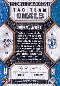 2009-10 SP Game Used - Tag Team Dual #TD-DW Kevin Durant / Julian Wright Back