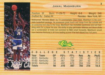 1993 Classic Draft Picks - Jamal Mashburn Autograph #3 Jamal Mashburn Back