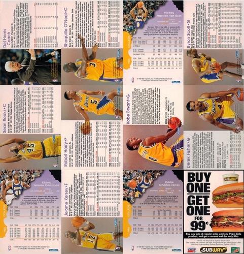 1996-97 Hoops Los Angeles Lakers Team Sheet SGA - Full Sheet #NNO Byron Scott / Nick Van Exel / Shaquille O'Neal / Del Harris / Derek Fisher / Kobe Bryant / Robert Horry / Sean Rooks / Eddie Jones / Jerome Kersey / Elden Campbell Back