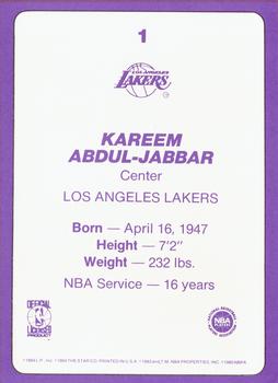 1985 Star Super Teams Los Angeles Lakers #1 Kareem Abdul-Jabbar Back
