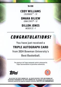 2023-24 Bowman Best University - Triple Autographs Geometric Orange Refractor #TA-COD Cody Williams / Omaha Biliew / Dillon Jones Back