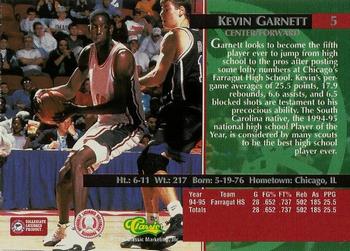 1995 Classic Rookies - Printer's Proofs #5 Kevin Garnett Back