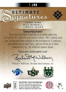 2010-11 Upper Deck Ultimate Collection - Ultimate Signatures Triple #T-JRB Larry Bird / Bill Russell / LeBron James Back