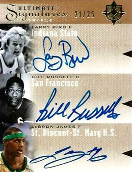 2010-11 Upper Deck Ultimate Collection - Ultimate Signatures Triple #T-JRB Larry Bird / Bill Russell / LeBron James Front