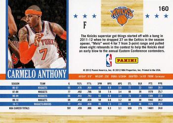 2011-12 Hoops #160 Carmelo Anthony Back