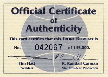 1991 Front Row #CL Certificate of Authenticity / Checklist Front