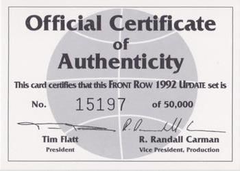 1991 Front Row Update #NNO Certificate of Authenticity Front