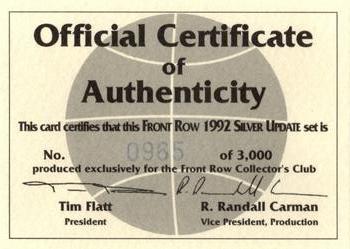 1991 Front Row Update #NNO Certificate of Authenticity Silver Charter Member Set COA, SN3000 Front
