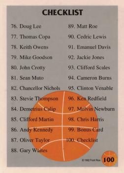 1991 Front Row Update #100 Checklist Back