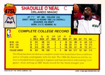 1993 Kenner/Topps Starting Lineup Cards #47SL Shaquille O'Neal Back