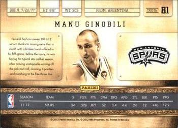 2011-12 Panini Gold Standard - Black Gold #81 Manu Ginobili Back