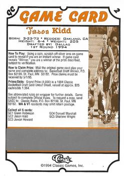 1994 Classic Draft - Game Cards #GC2 Jason Kidd Back