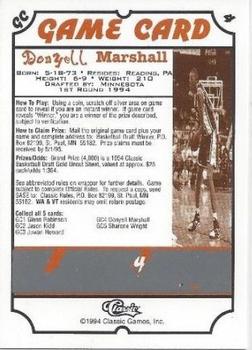 1994 Classic Draft - Game Cards #GC4 Donyell Marshall Back