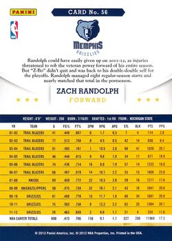 2012-13 Hoops #56 Zach Randolph Back