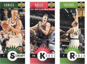 1996-97 Collector's Choice French - Mini-Cards Panels #M76 / M12 / M5 Detlef Schrempf / Toni Kukoc / Dino Radja Front