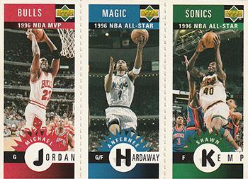 1996-97 Collector's Choice French - Mini-Cards Panels #M11 / M60 / M78 Michael Jordan / Anfernee Hardaway / Shawn Kemp Front