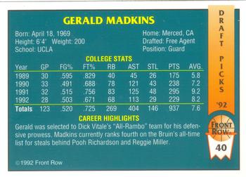 1992 Front Row Draft Picks #40 Gerald Madkins Back