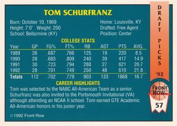 1992 Front Row Draft Picks #57 Tom Schurfranz Back