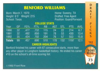 1992 Front Row Draft Picks #73 Benford Williams Back
