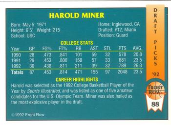 1992 Front Row Draft Picks #88 Harold Miner Back