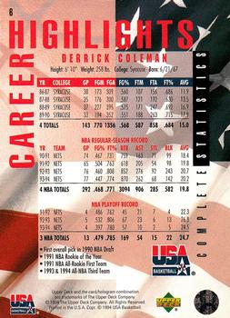 1994 Upper Deck USA - Gold Medal #6 Derrick Coleman Back